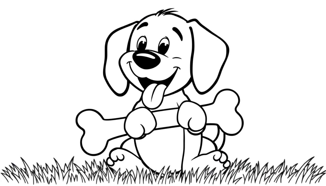 Un dibujo de un perro blanco y negro feliz, listo para colorear con una placa de color, sosteniendo un hueso.