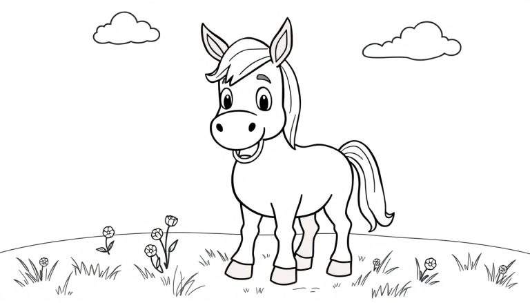 Placa de color de un caballo de dibujos animados amigable en un campo.