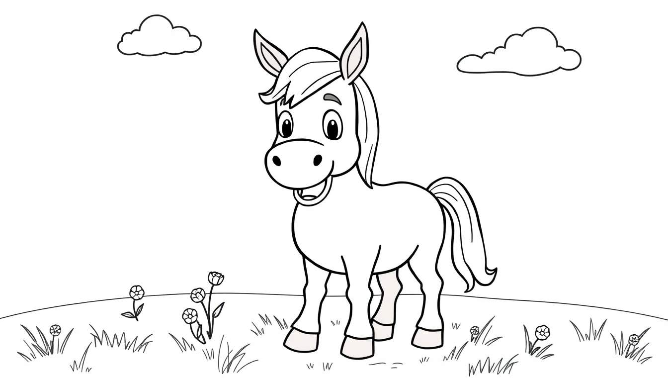 Placa de color de un caballo de dibujos animados amigable en un campo.