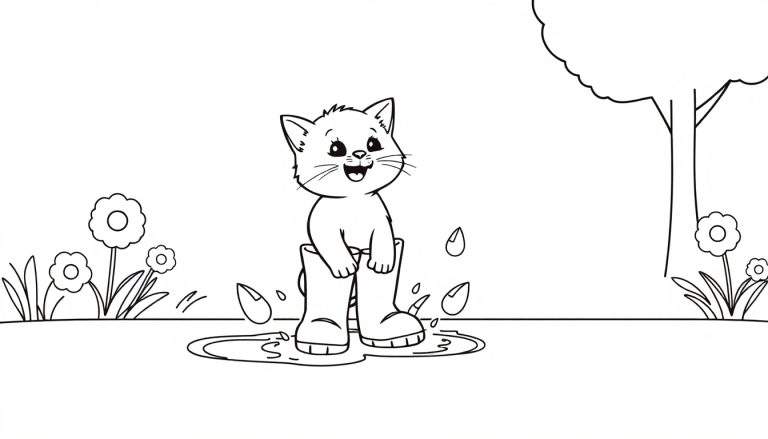 Gatito con botas de agua en un charco, página para colorear.