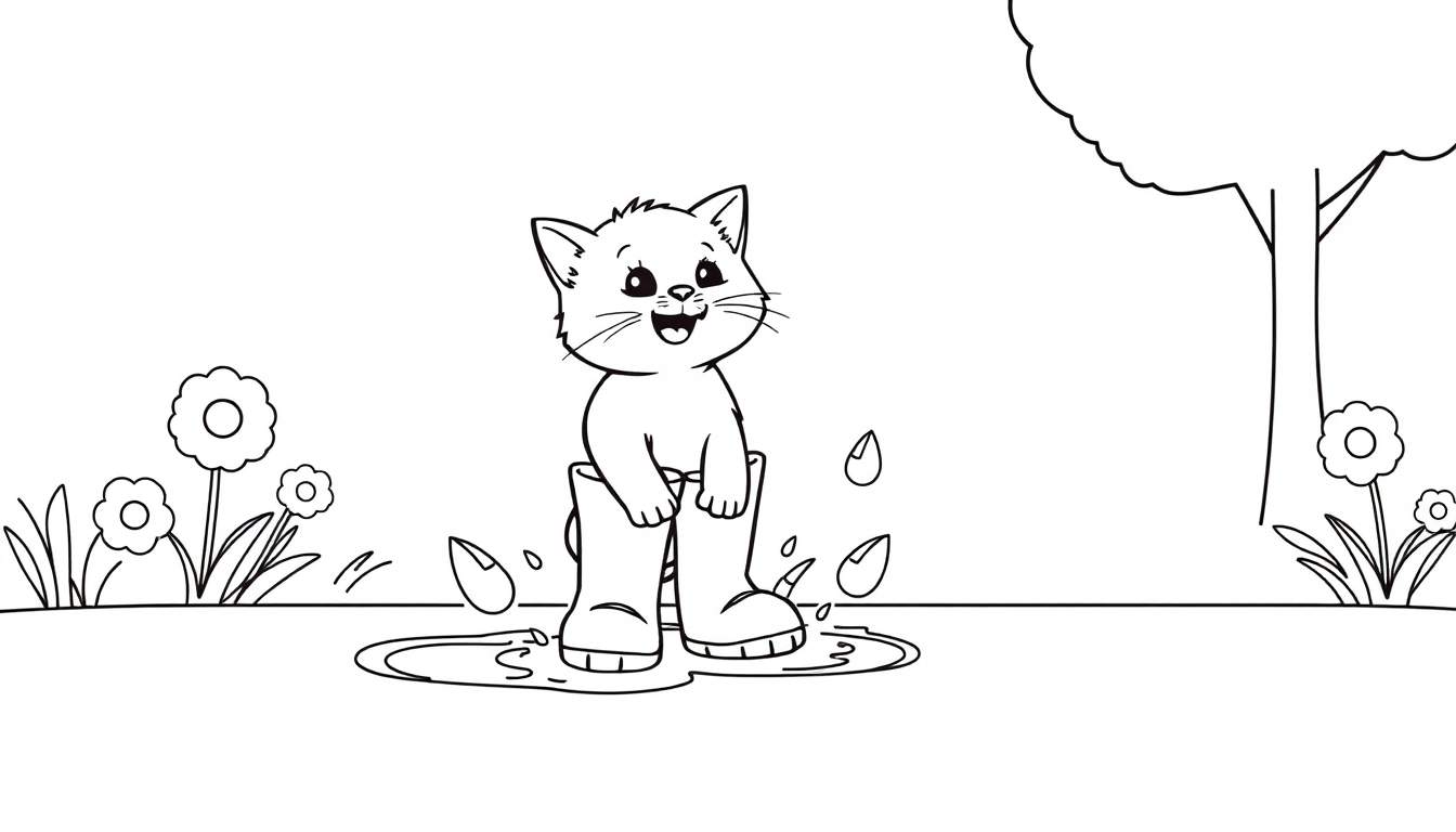 Gatito con botas de agua en un charco, página para colorear.