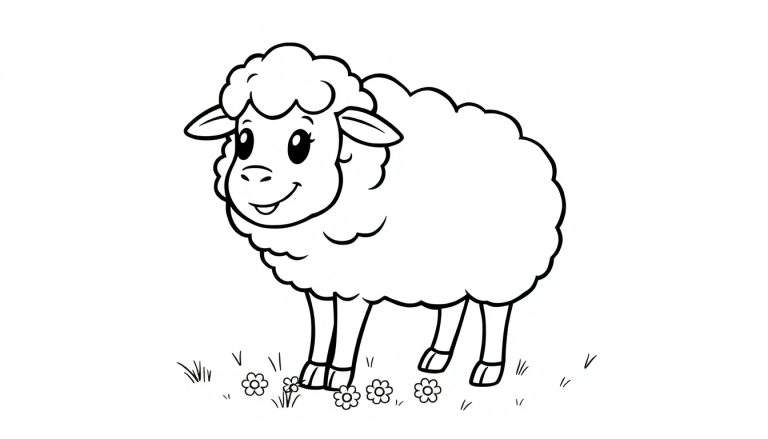 Placa de color de una oveja de dibujos animados lista para colorear en un campo.