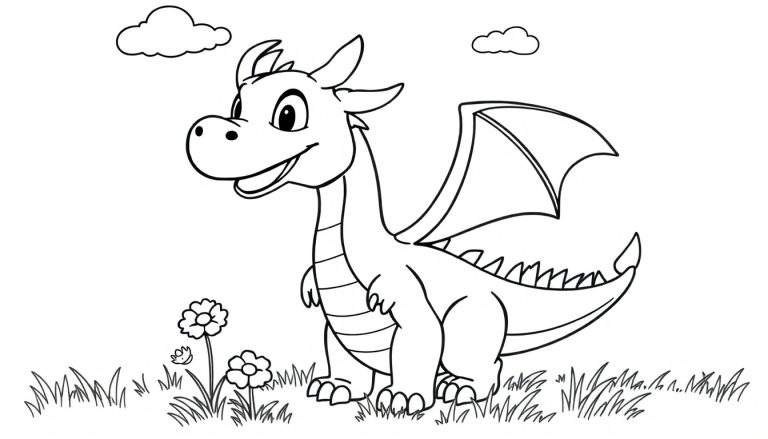 Placa de color de un dragón amigable llamado Mushu, listo para colorear.