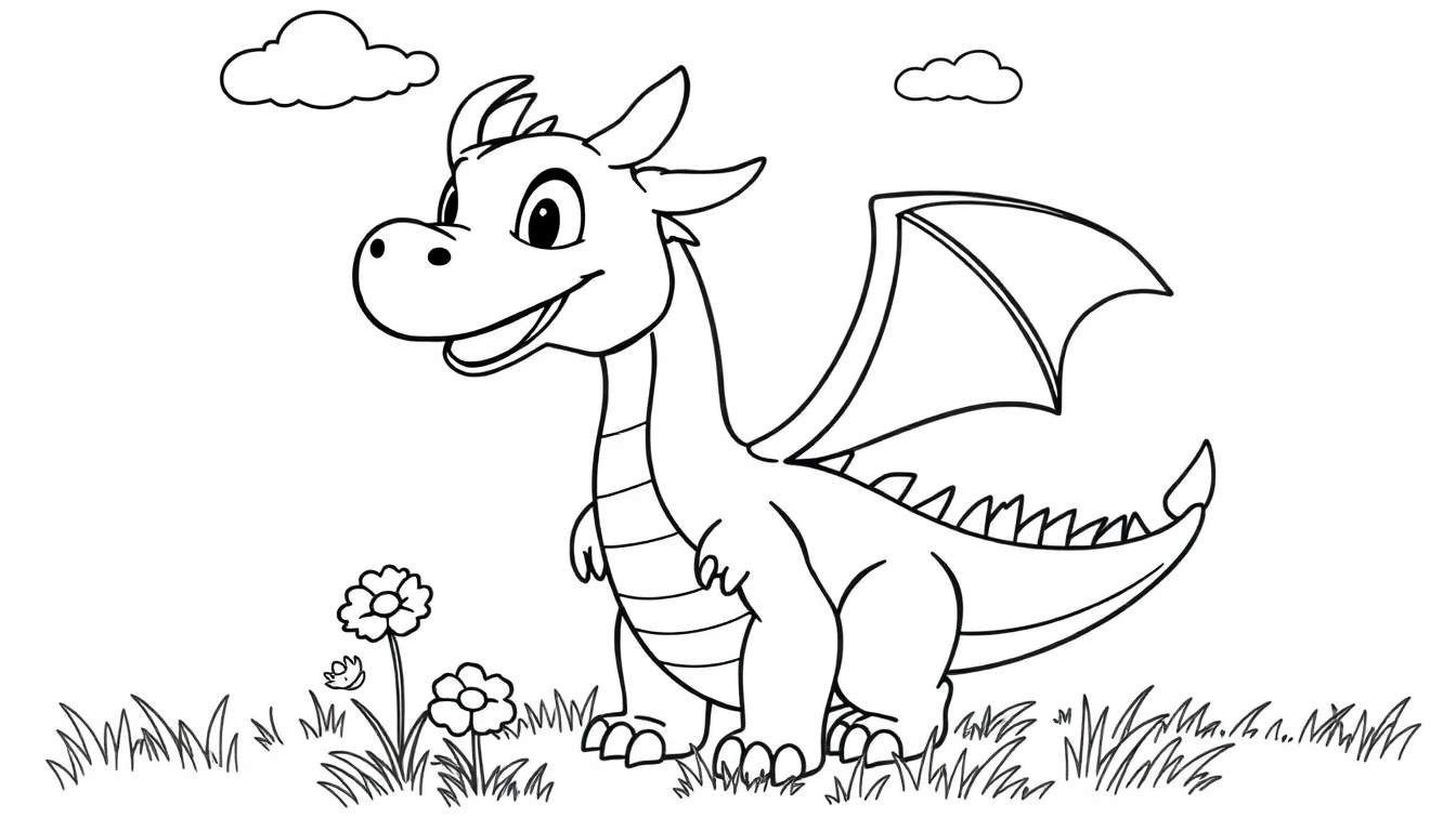 Placa de color de un dragón amigable llamado Mushu, listo para colorear.
