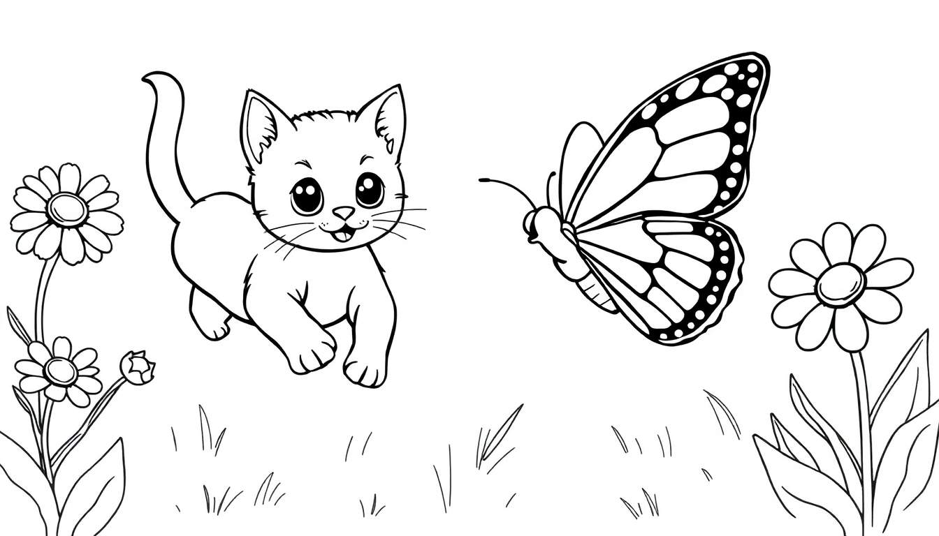 Placa de color de un gatito persiguiendo una mariposa en un jardín.