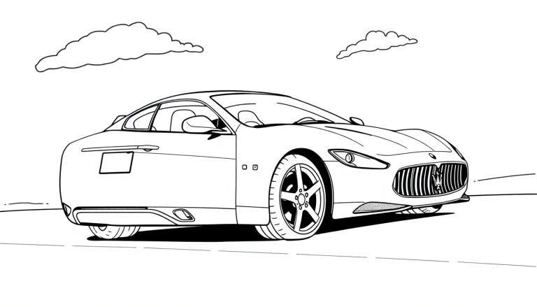 Un dibujo de un Maserati GranTurismo para colorear, una placa de color esperando.