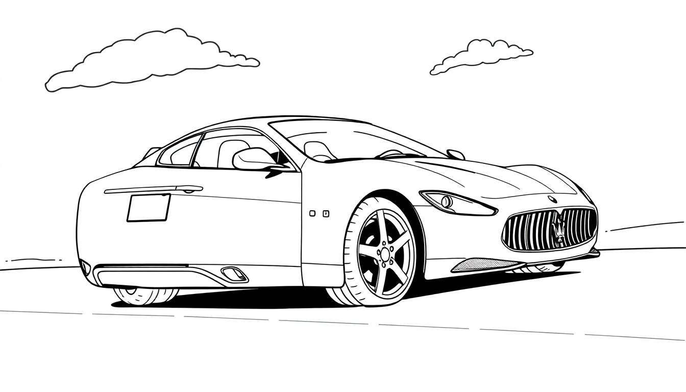 Un dibujo de un Maserati GranTurismo para colorear, una placa de color esperando.