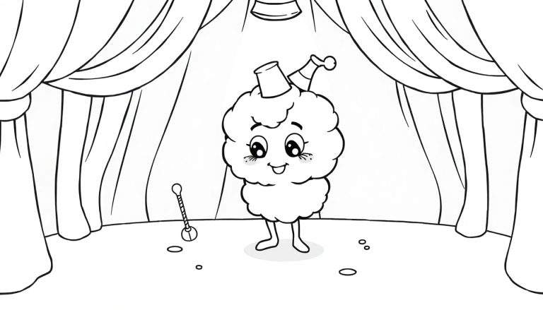 Un personaje de dibujos animados con forma de nube con un sombrero actuando en un escenario, listo para colorear en una placa de color.