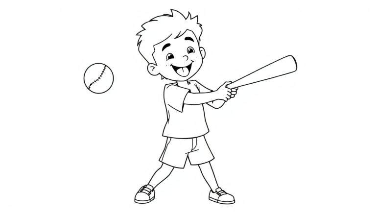 Placa de color de un niño feliz bateando una pelota de béisbol.