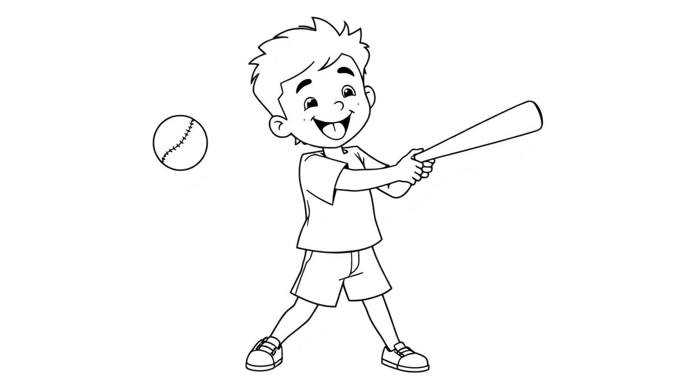Placa de color de un niño feliz bateando una pelota de béisbol.