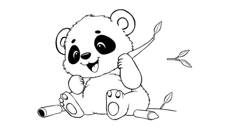 Placa de color de un adorable panda bebé comiendo bambú.
