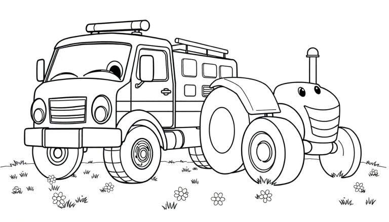 Un camión de bomberos y un tractor sonrientes para colorear en un campo con flores y hierba, con placa de color.