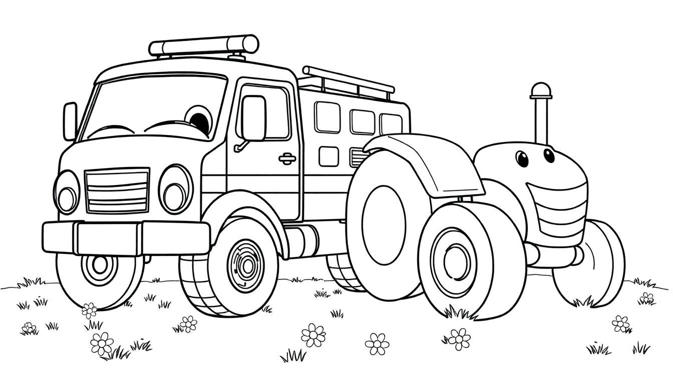 Un camión de bomberos y un tractor sonrientes para colorear en un campo con flores y hierba, con placa de color.