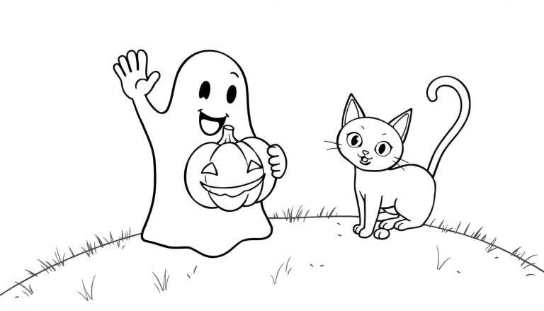 Placa de color de un fantasma amigable con una calabaza y un gato negro.