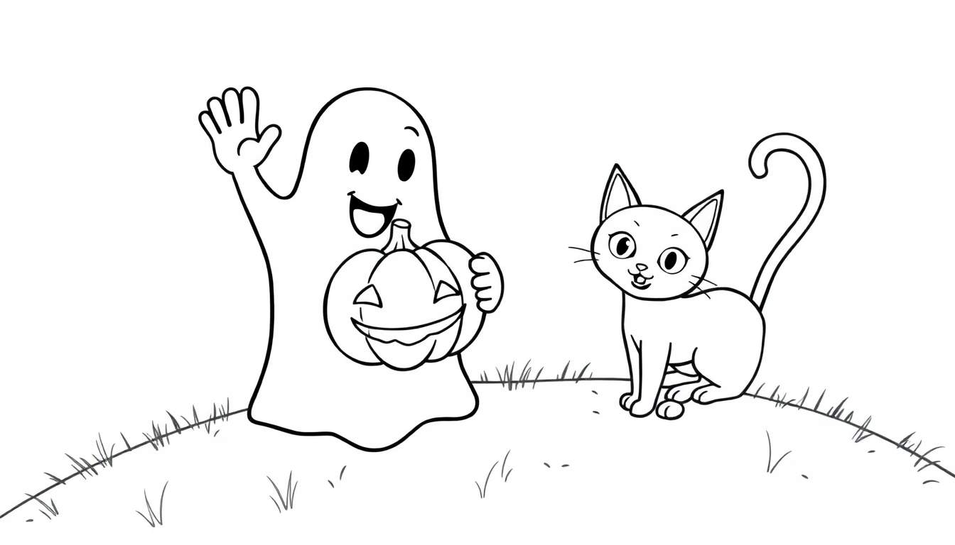 Placa de color de un fantasma amigable con una calabaza y un gato negro.