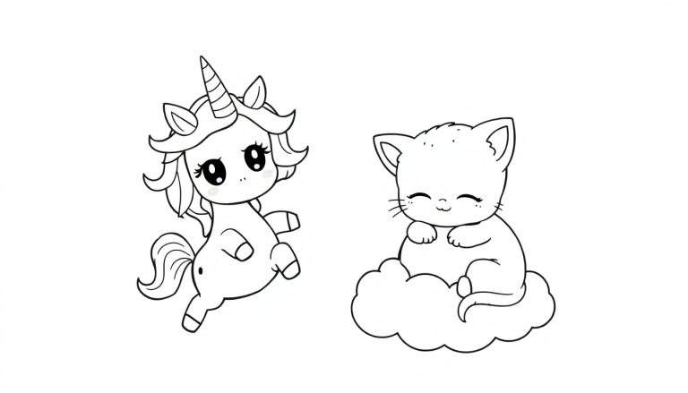 Unicornio y gato en una placa de color para colorear.