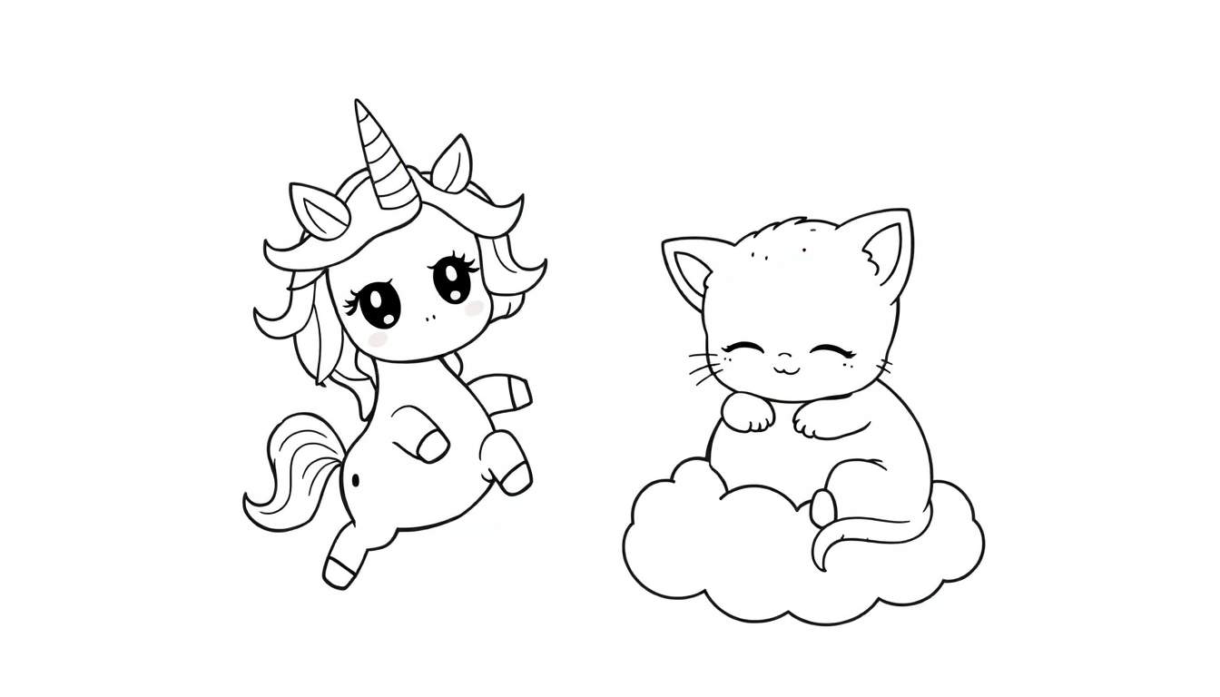 Unicornio y gato en una placa de color para colorear.