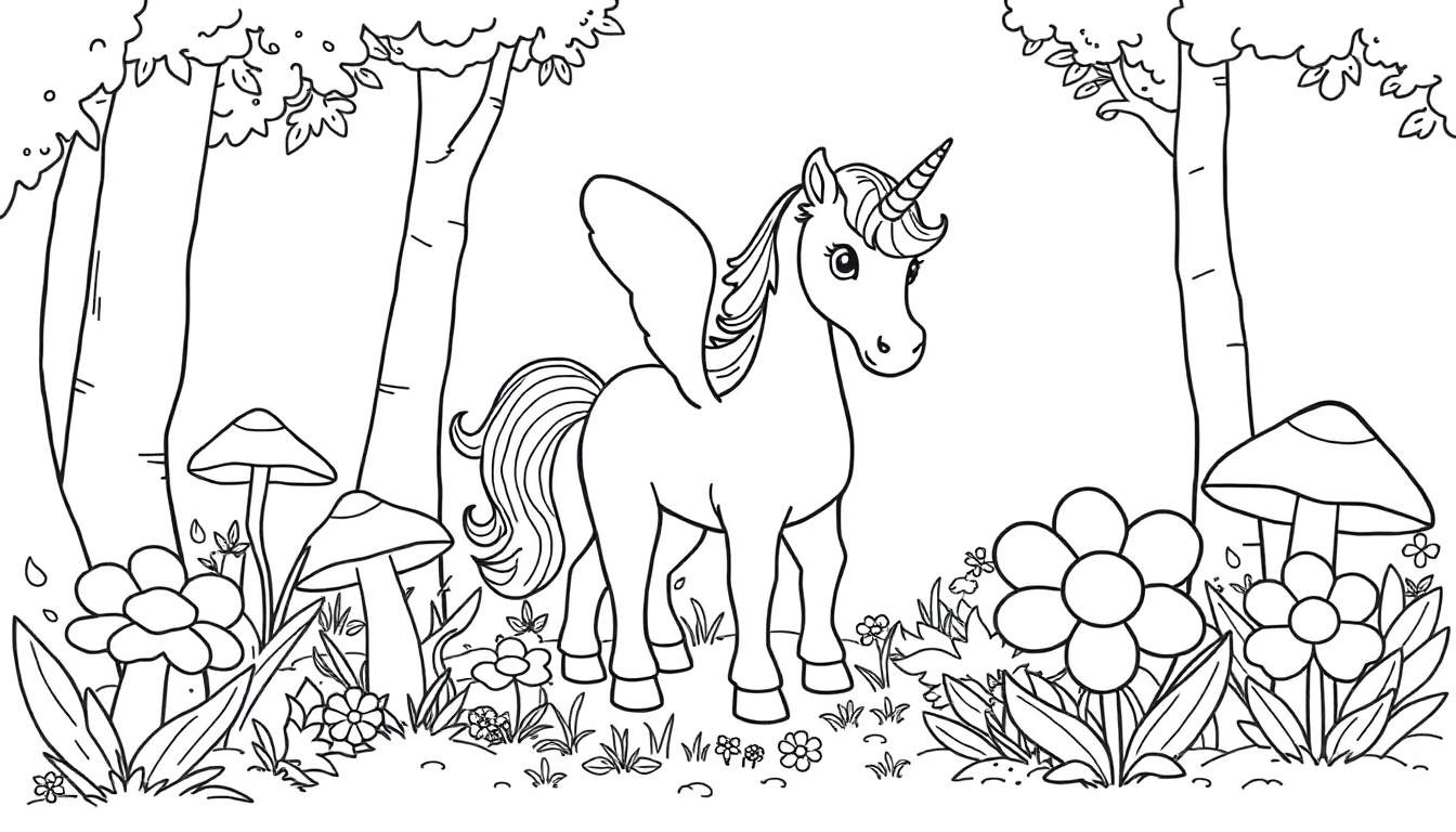 Unicornio alado en un bosque, listo para colorear, placa de color.