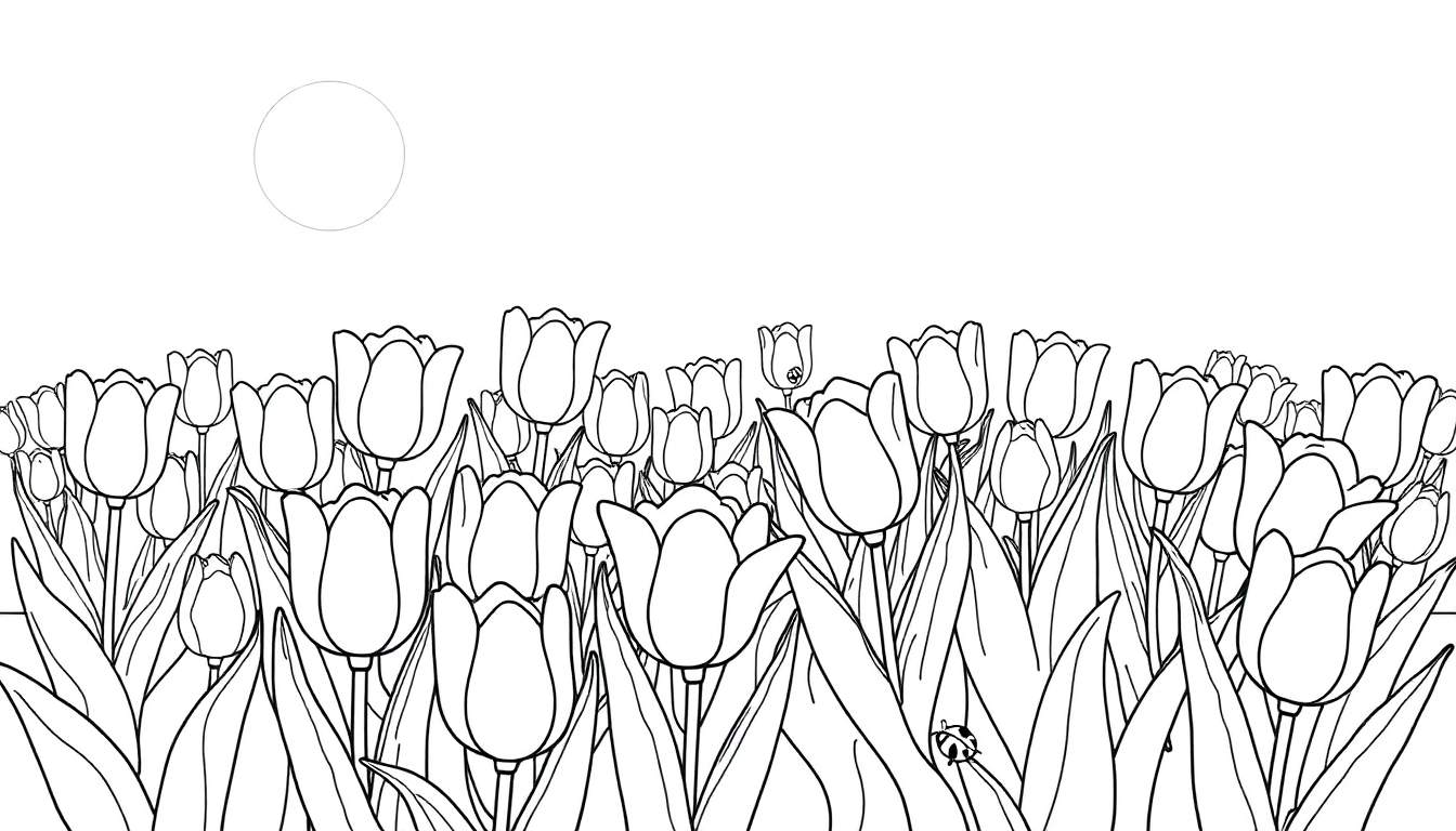 Placa de color de un campo de tulipanes en blanco y negro con un sol.