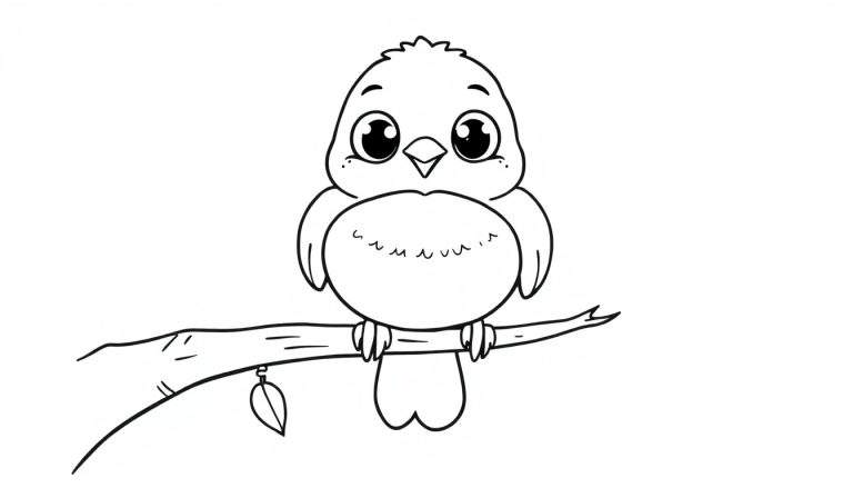 Un pajarito lindo en una rama, listo para colorear en la placa de color.