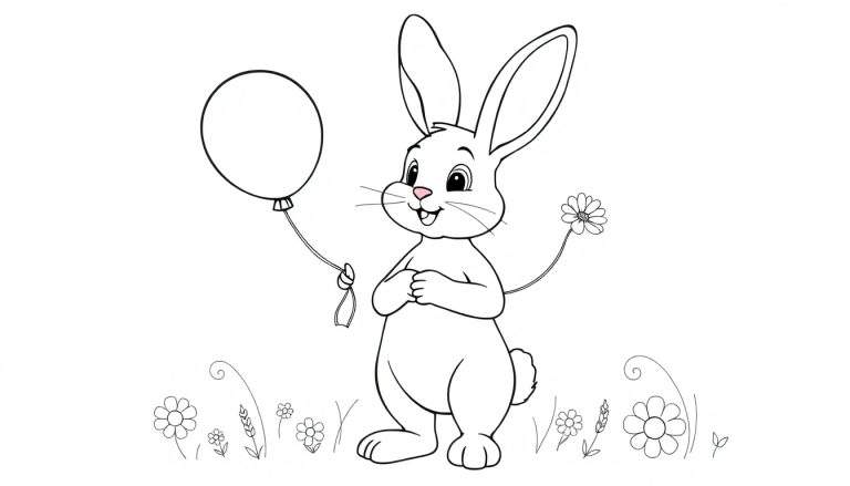 Placa de color de un conejito de dibujos animados con un globo y una flor.