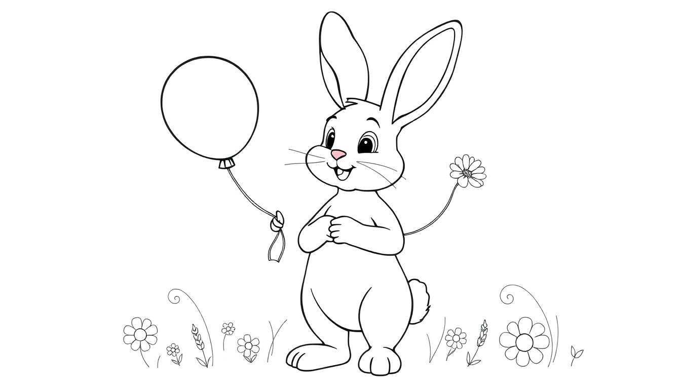 Placa de color de un conejito de dibujos animados con un globo y una flor.