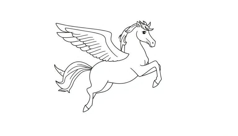 Placa de color con un dibujo lineal de Pegaso listo para volar.