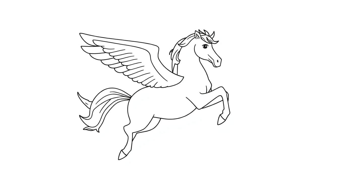 Placa de color con un dibujo lineal de Pegaso listo para volar.