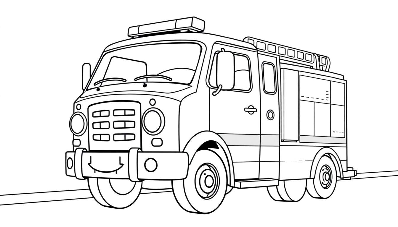 Un camión de bomberos amigable listo para colorear, con una placa de color para pintar.
