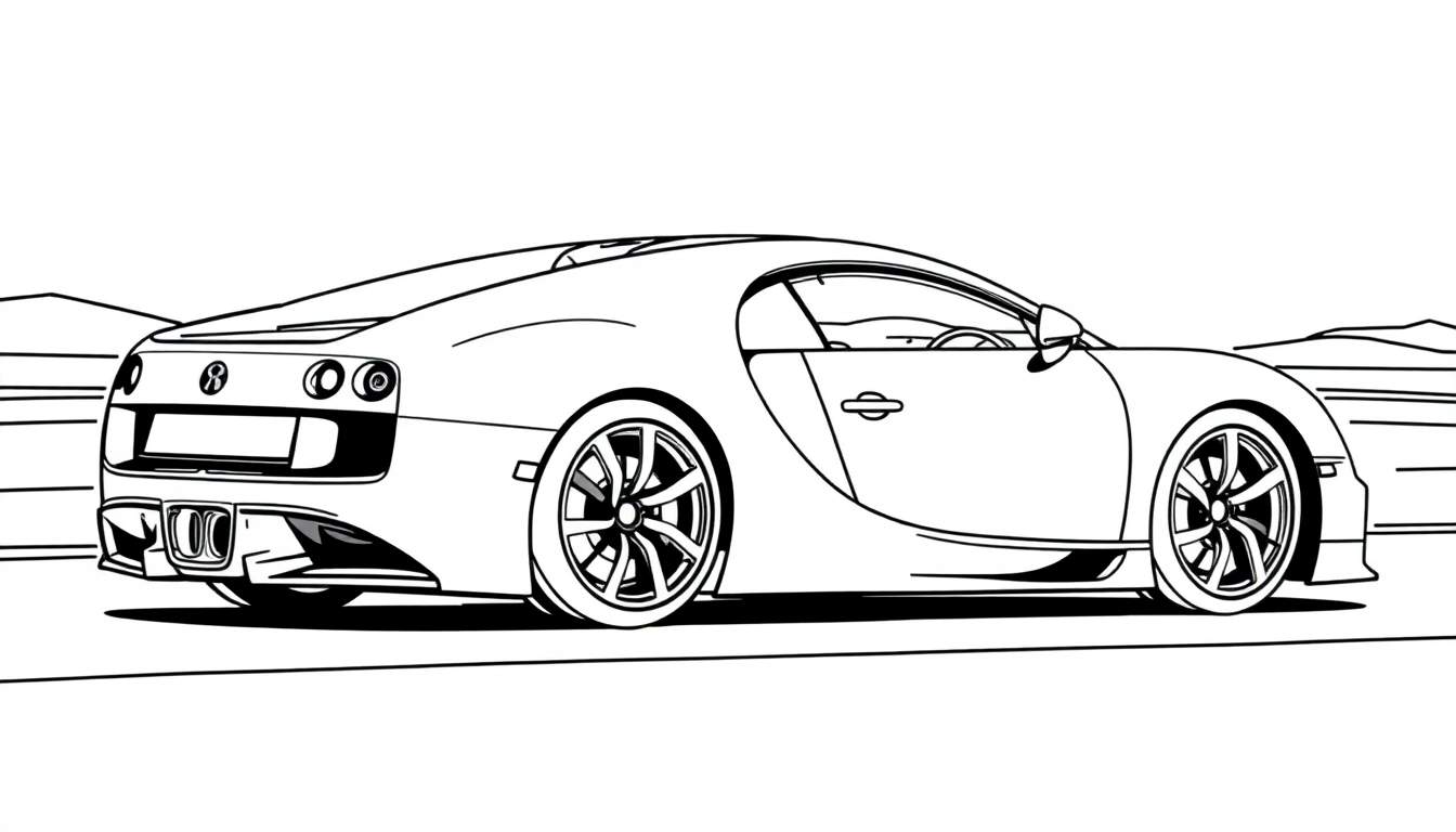 Placa de color de un Bugatti Veyron en blanco y negro para colorear.