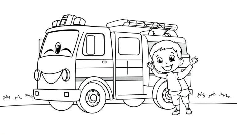 Un camión de bomberos sonriente con luces y un niño feliz al lado, listo para colorear con placa de color.
