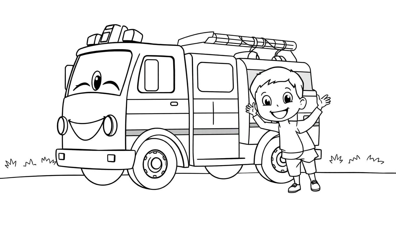 Un camión de bomberos sonriente con luces y un niño feliz al lado, listo para colorear con placa de color.