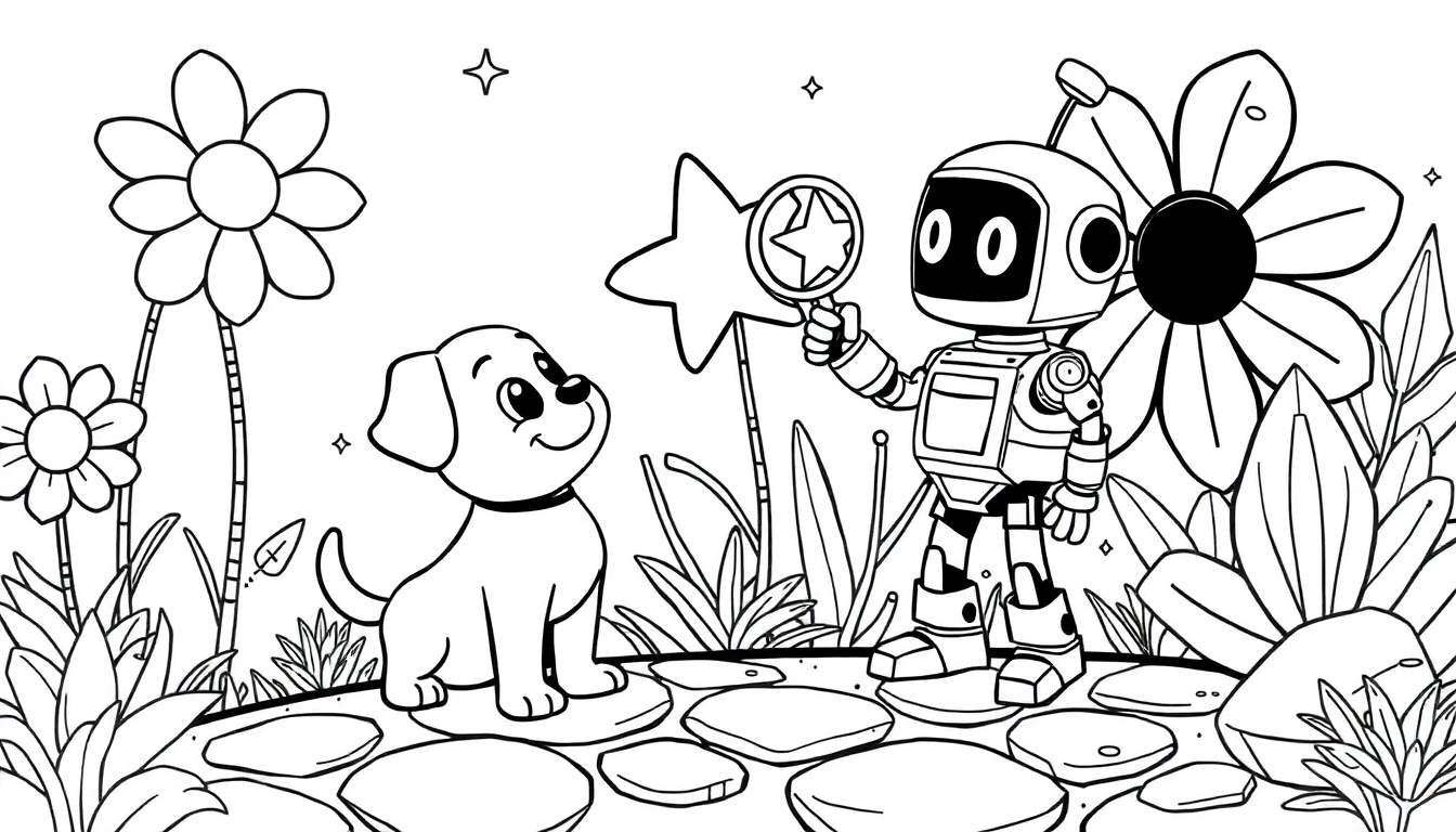 Placa de color: Perrito curioso mirando a un robot con una estrella en un jardín de flores.