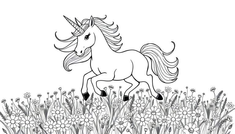 Placa de unicornio blanco y negro corriendo entre flores.