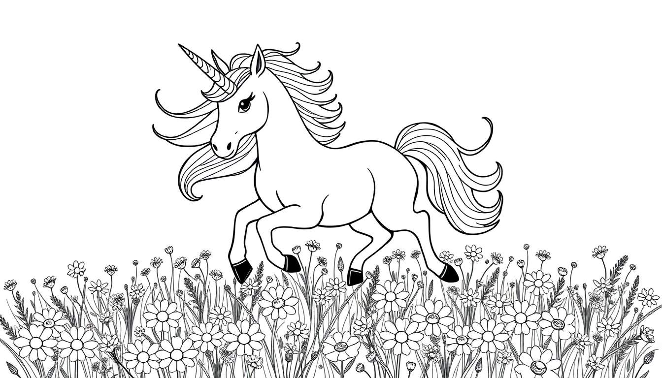 Placa de unicornio blanco y negro corriendo entre flores.