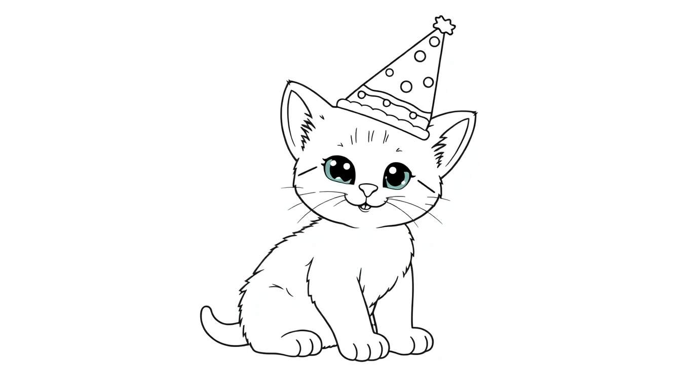 Placa de color de un gatito de cumpleaños sonriente.