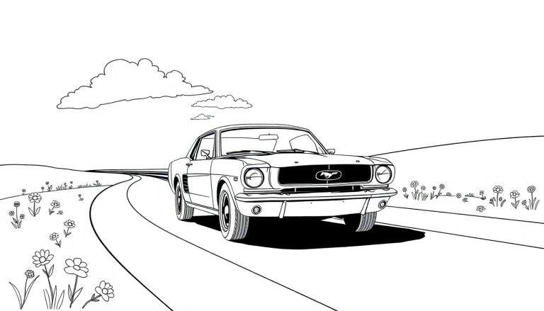 Placa de color de un Ford Mustang clásico en una carretera soleada.