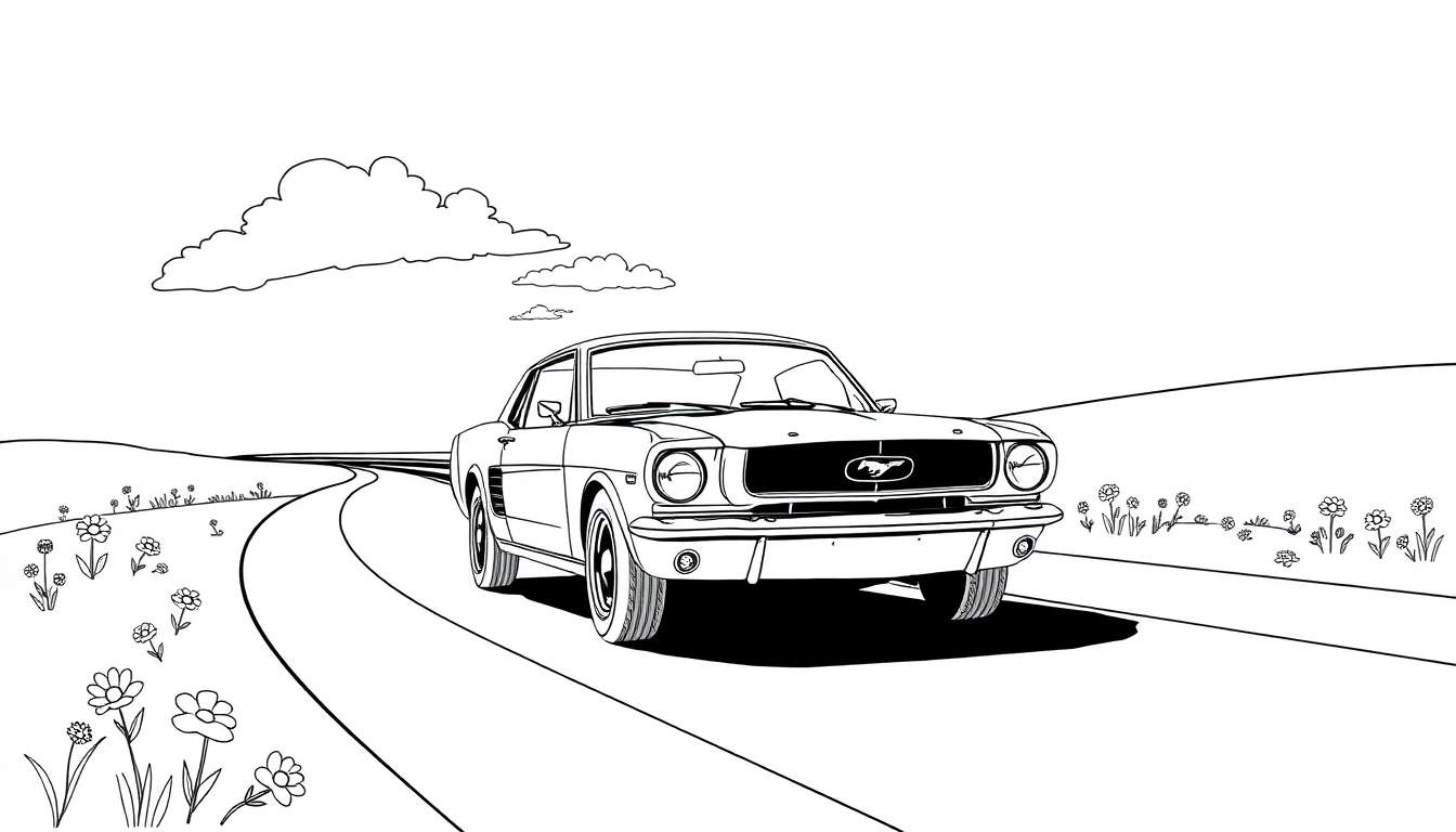 Placa de color de un Ford Mustang clásico en una carretera soleada.