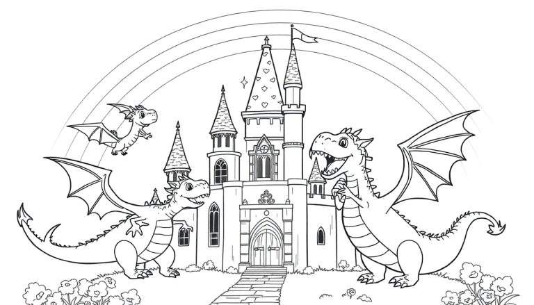 Placa de color: Castillo mágico con tres dragones amigables y un arcoíris.