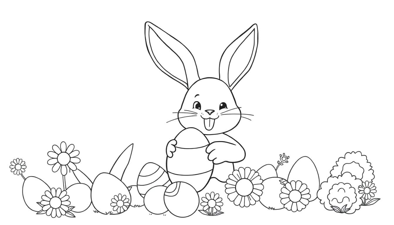 Página para colorear de un conejito de Pascua con orejas largas, lengua afuera, abrazando un huevo decorado, rodeado de flores y huevos de Pascua en un dibujo lineal blanco y negro.