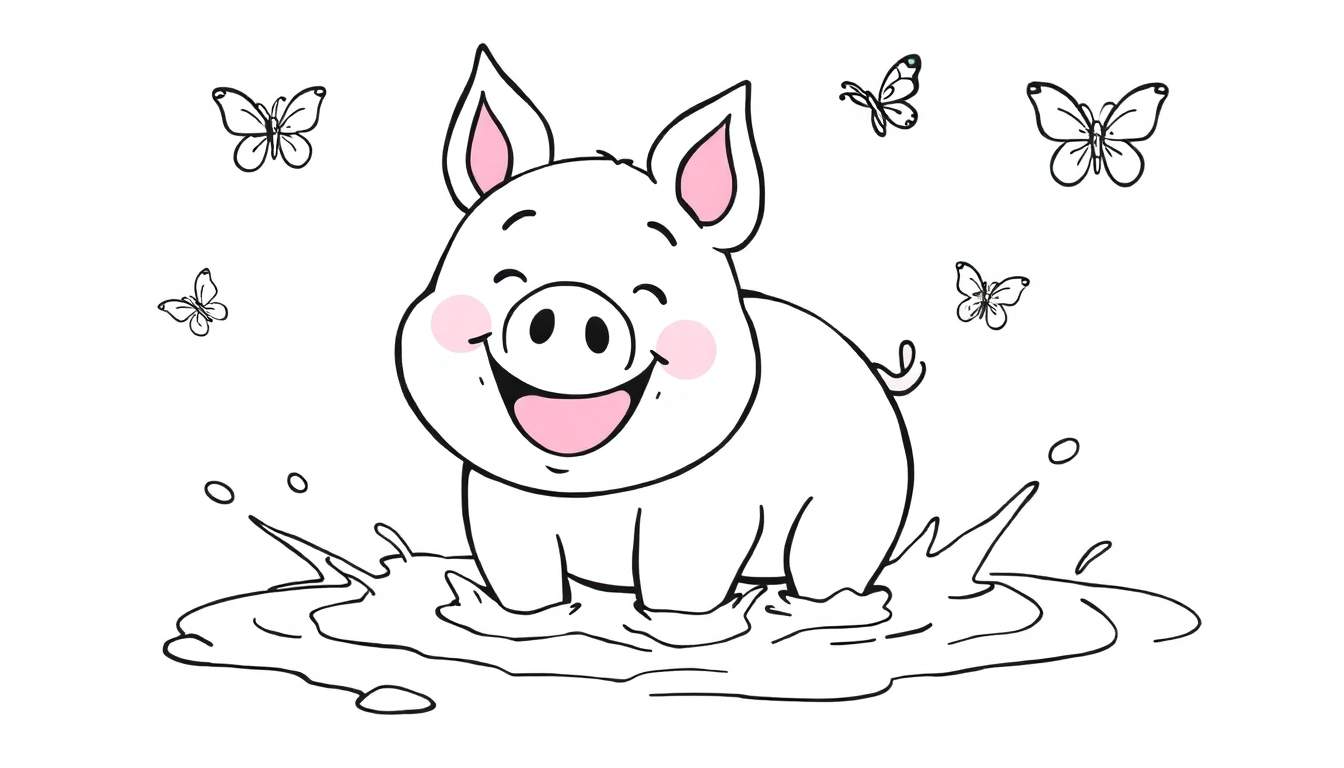 Un cerdito de dibujos animados sonriendo con detalles en rosa, rodeado de mariposas y salpicaduras de agua.