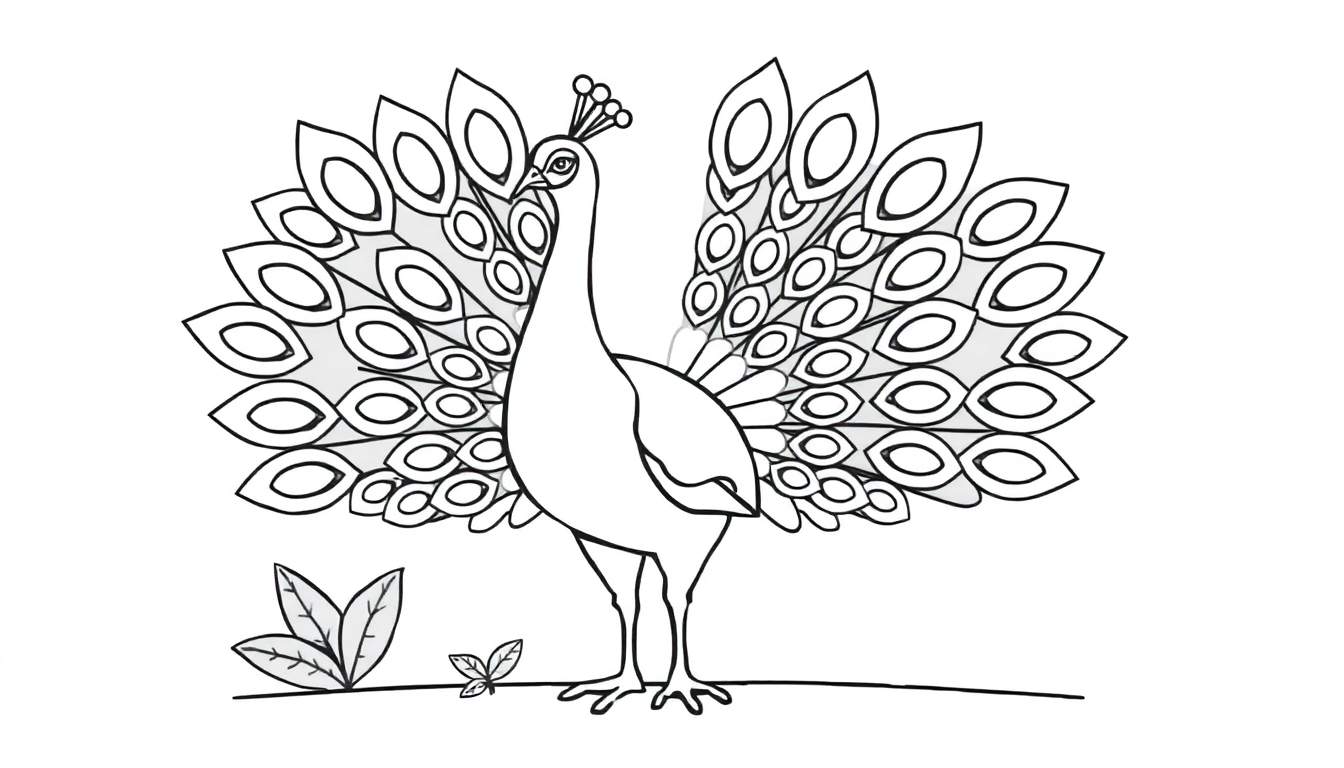 Dibujo para colorear de un pavo real orgulloso con su cola extendida, mostrando un patrón de placas de color.