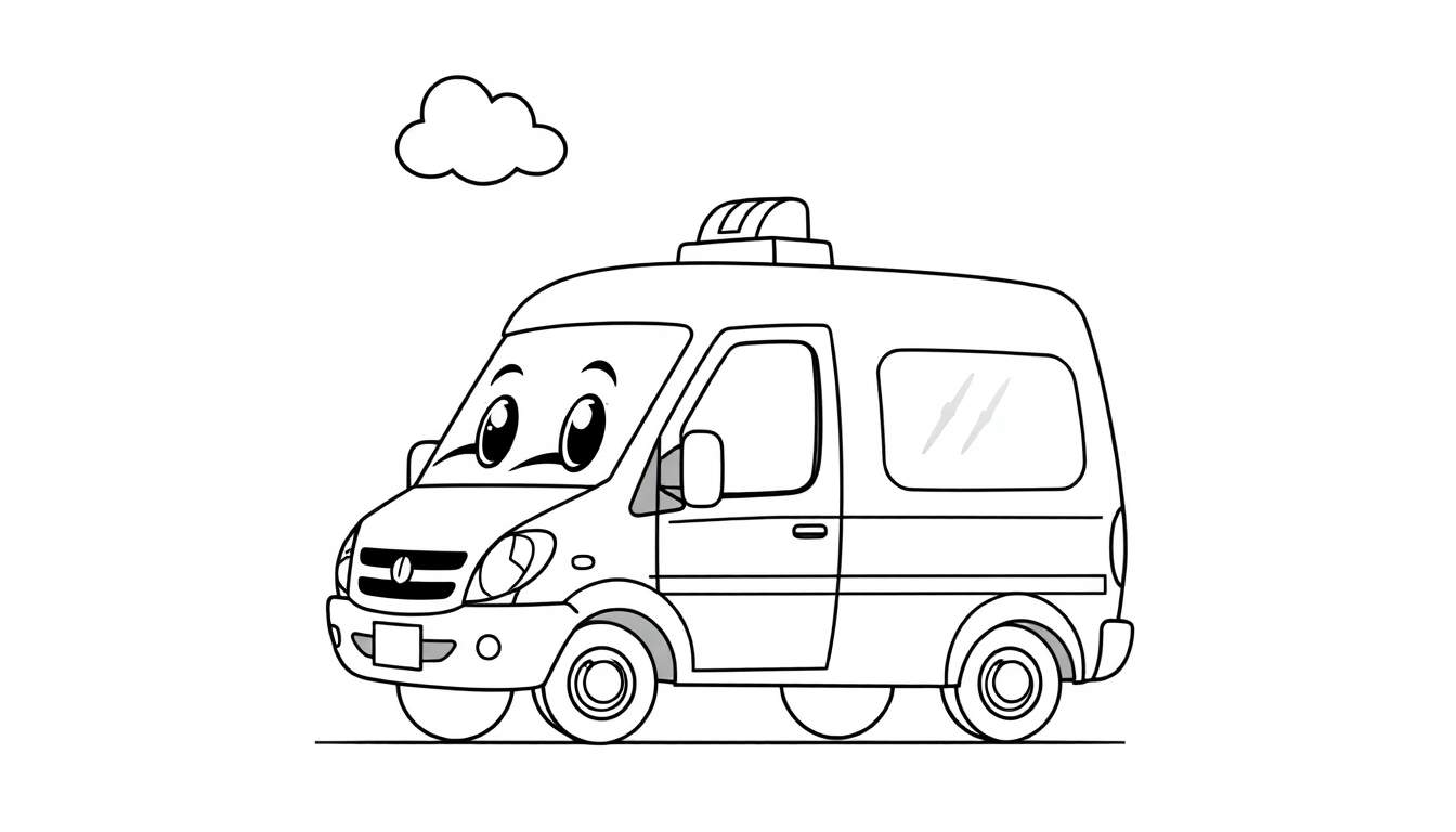 Dibujo para colorear de una furgoneta ambulancia amigable con una sirena, lista para ayudar, con una nube encima.