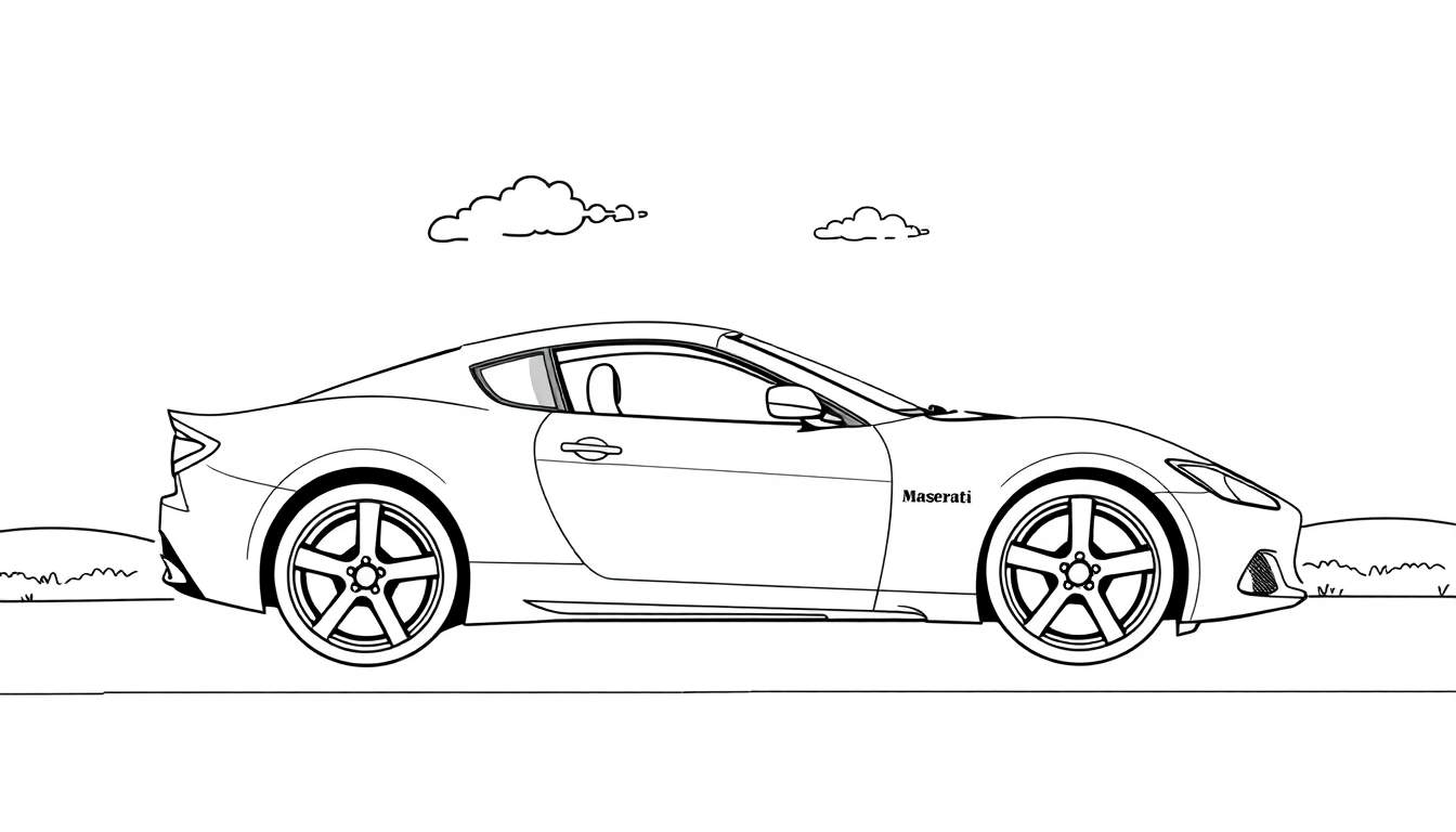 Dibujo lineal de un coche deportivo Maserati en un paisaje rural, listo para colorear, con líneas gruesas y sencillas.