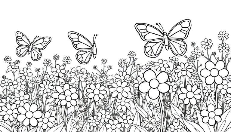 Placa de color de un jardín de flores con mariposas.