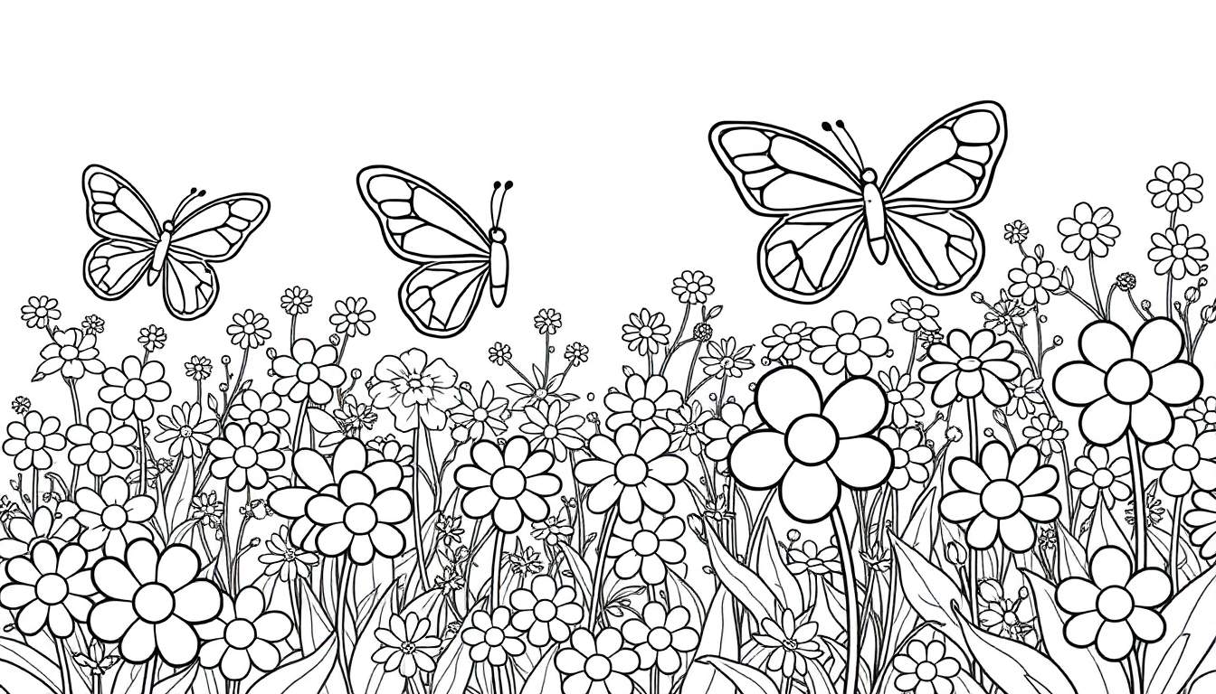 Placa de color de un jardín de flores con mariposas.