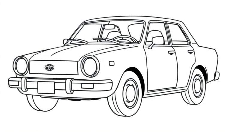 Un coche Toyota para colorear con la placa de color en blanco y negro.