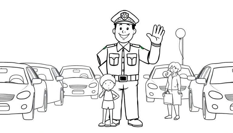 Dibujo de un policía sonriente con su placa de color brillando, dirigiendo el tráfico, junto a un niño y una mujer con un globo.
