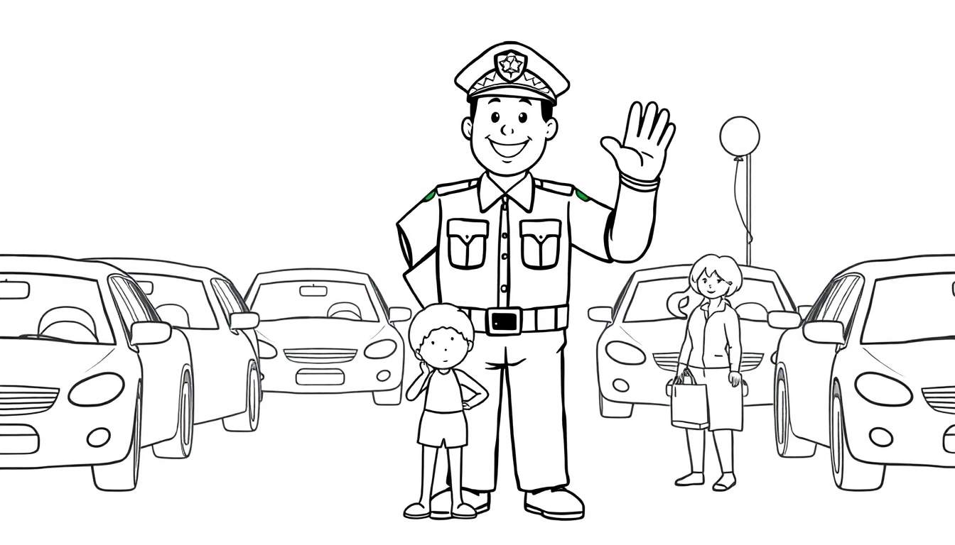 Dibujo de un policía sonriente con su placa de color brillando, dirigiendo el tráfico, junto a un niño y una mujer con un globo.
