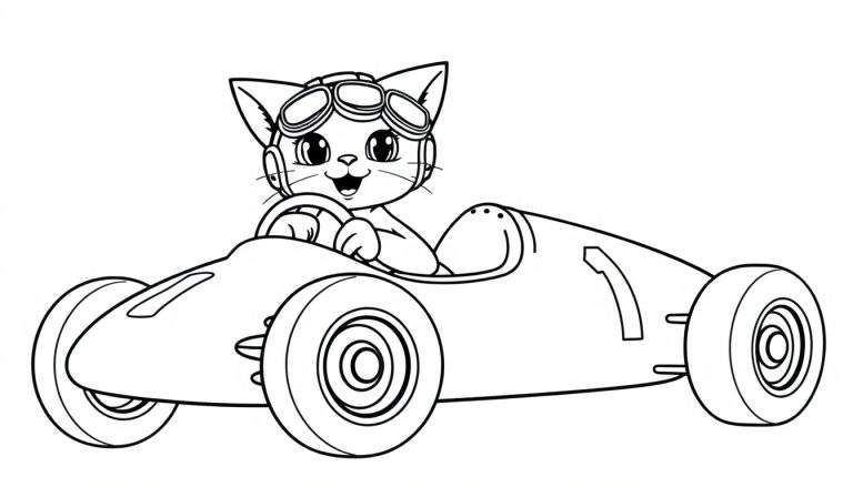 Placa de color de un gato piloto con gafas de aviador conduciendo un coche de carreras.